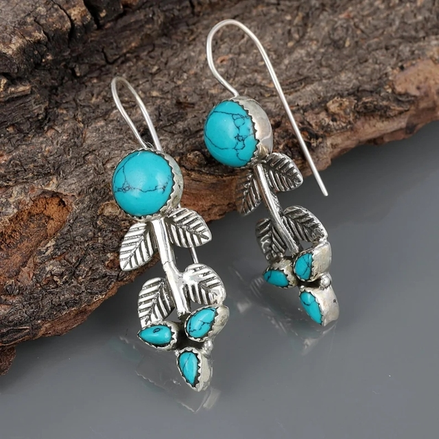 Boucles D'Oreilles Boho Turquoise - Pendentif Tribal En Alliage Argenté - Bijou Ethnique Pour Femme