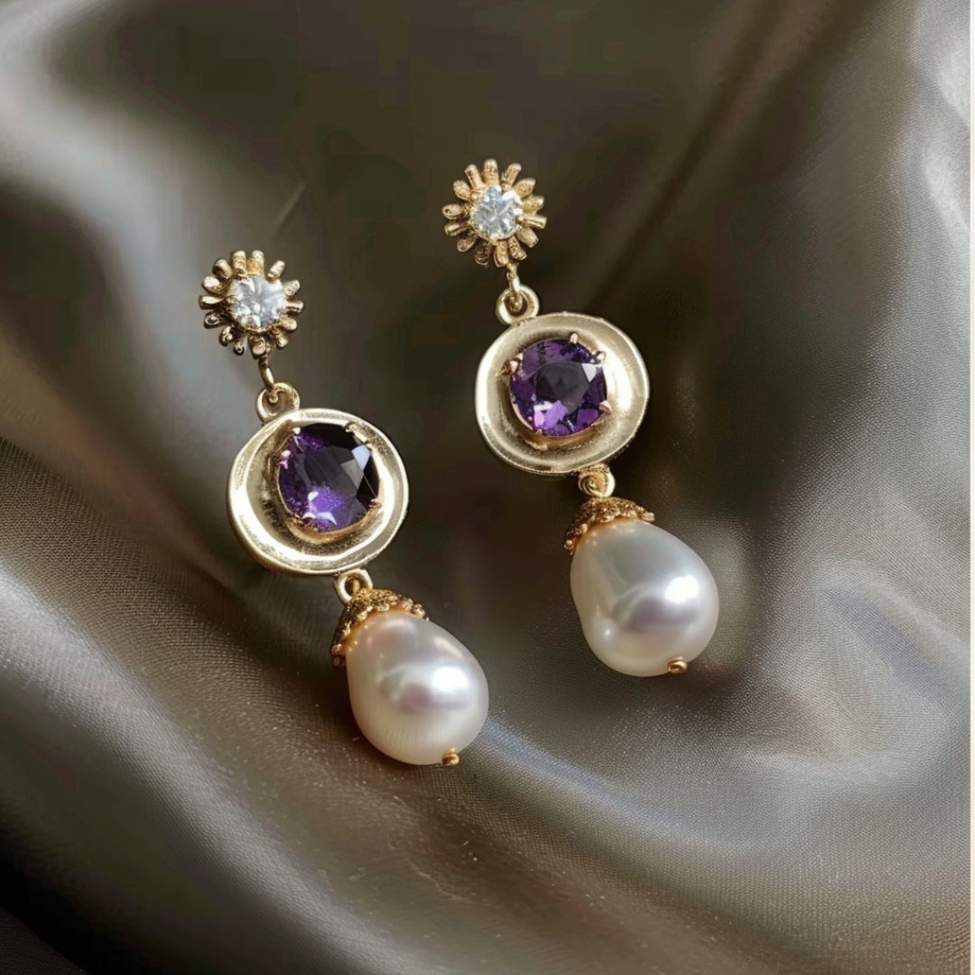 Boucles d'oreilles arrondies en perles de zirconium violet doré