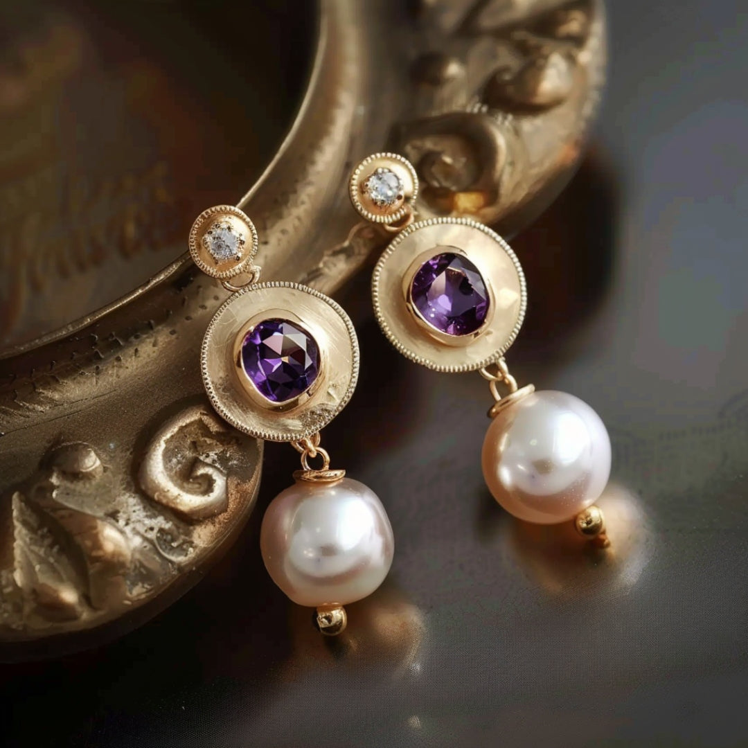 Boucles d'oreilles en perles violettes dorées