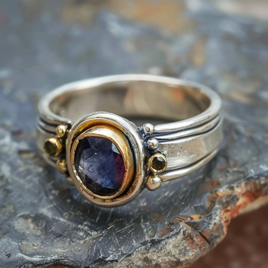 Bague en argent incrustée de pierres bleues