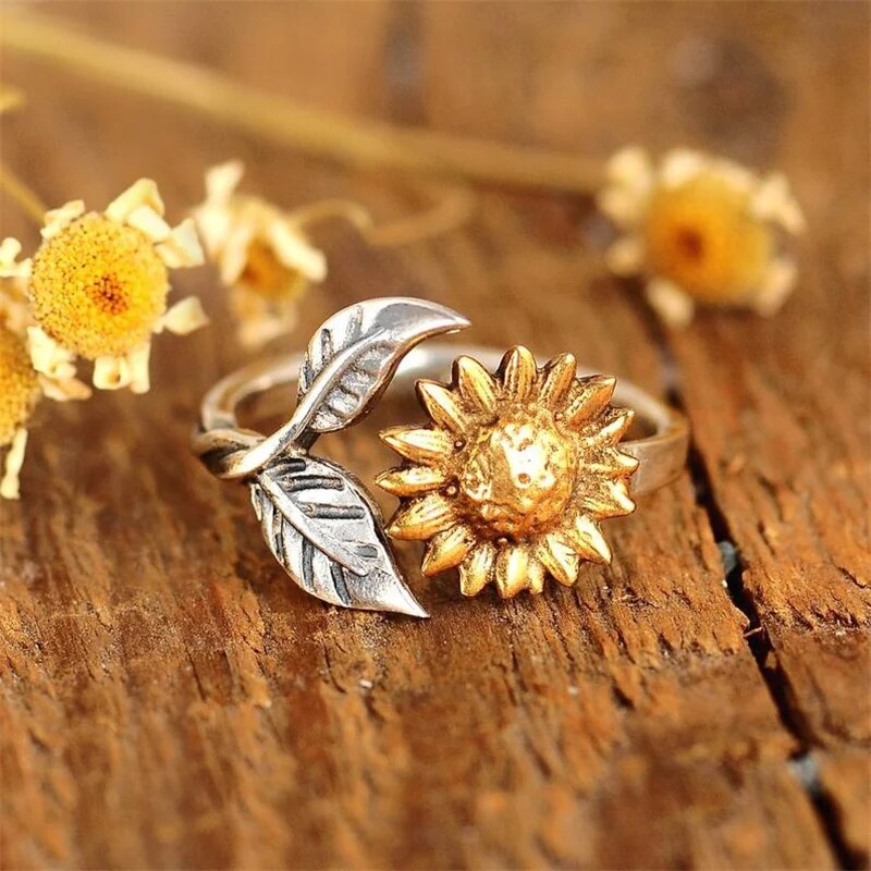 Bague tournesol vintage en argent