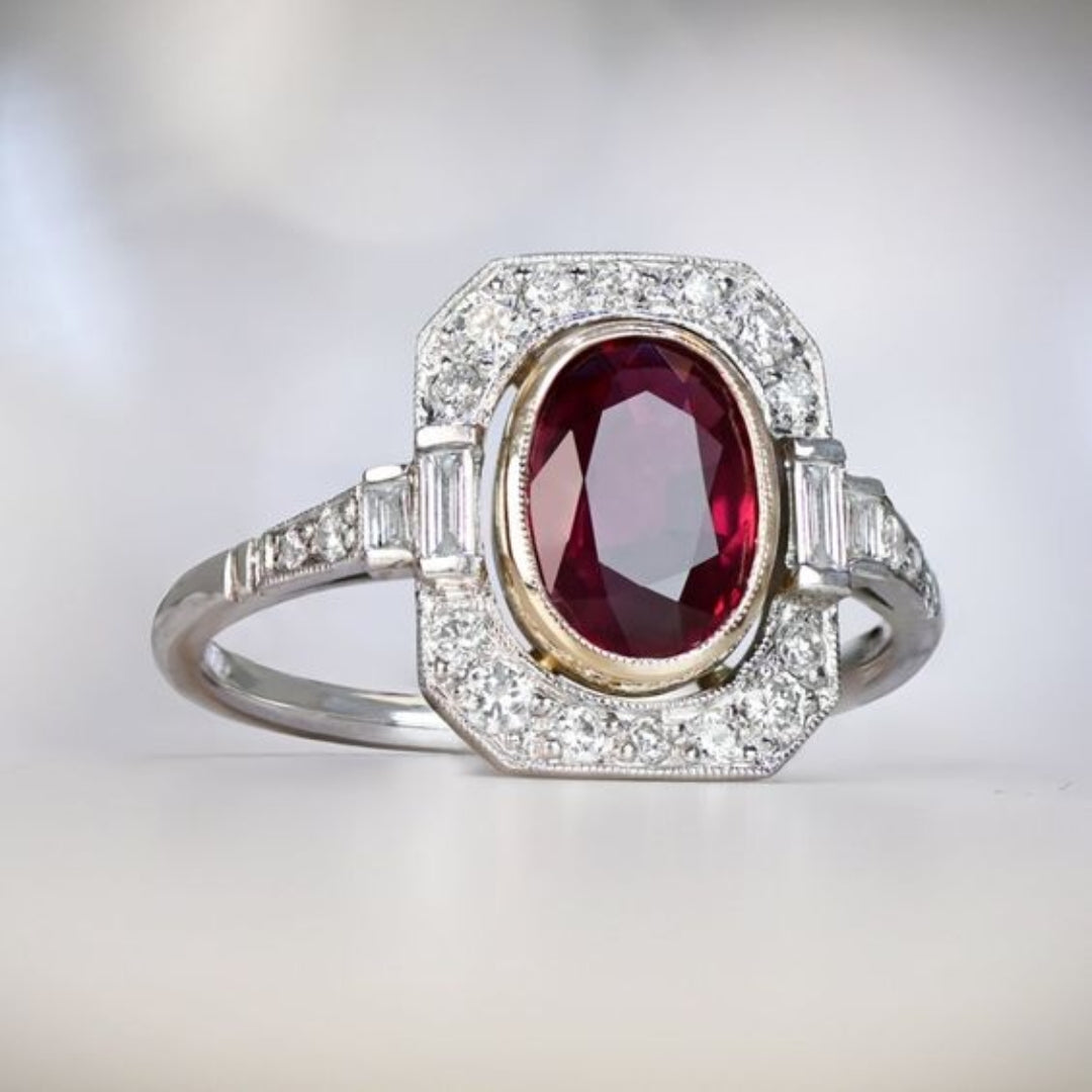 Bague rouge vintage en argent avec zirconium