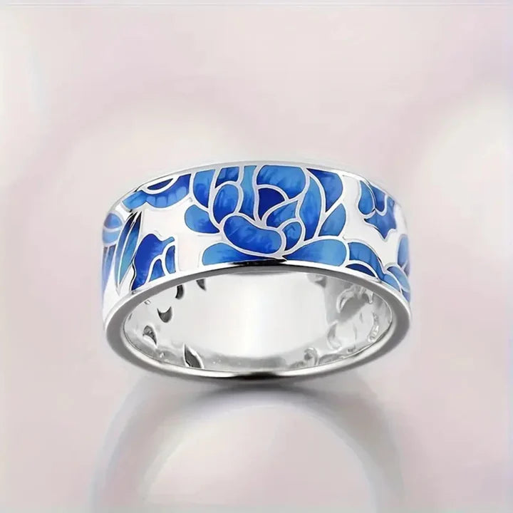 Bague fleur en émail bleu