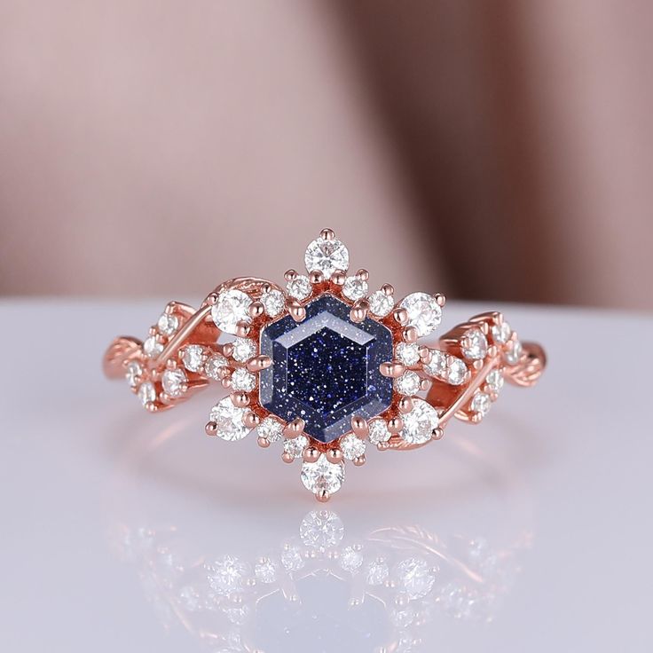 Bague de fiançailles vintage en grès bleu Rose