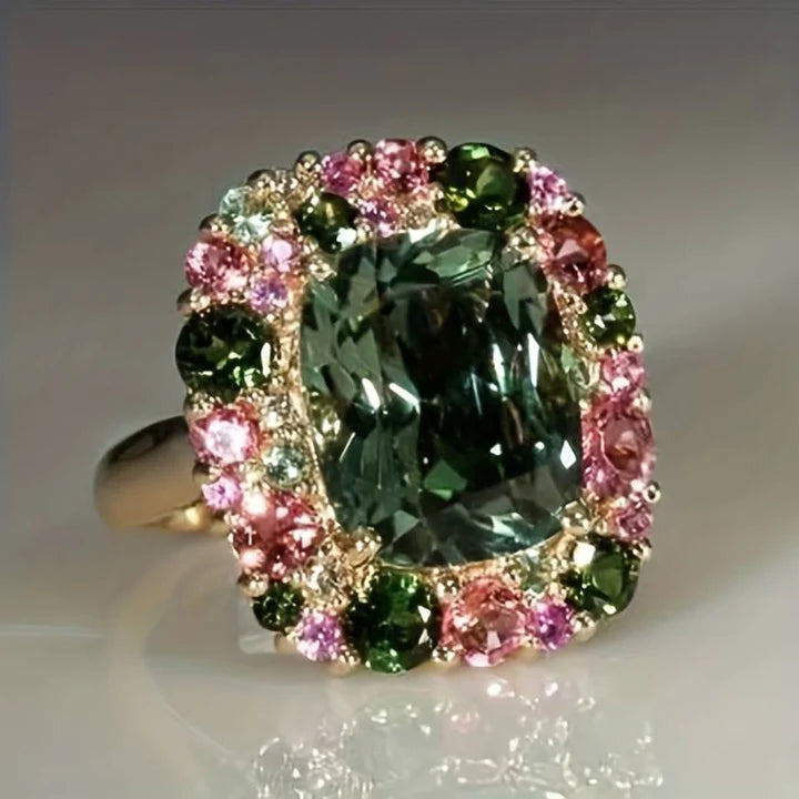 Bague vintage en cristal vert et rose