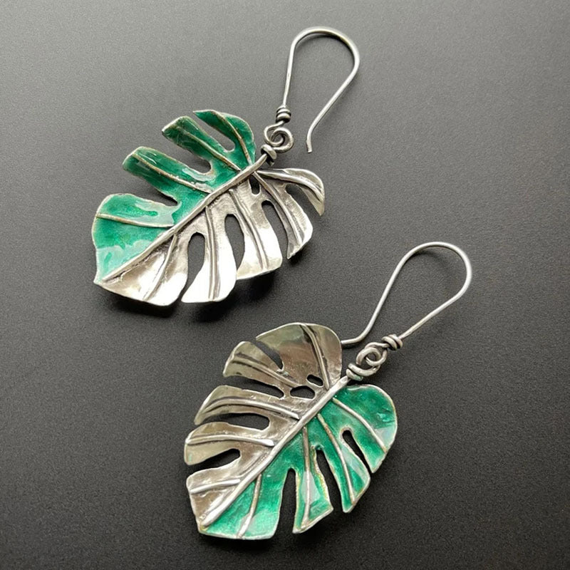 Boucles d'oreilles feuilles vertes et argentées