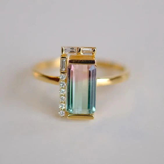 Bague vintage en cristal rectangulaire multicolore