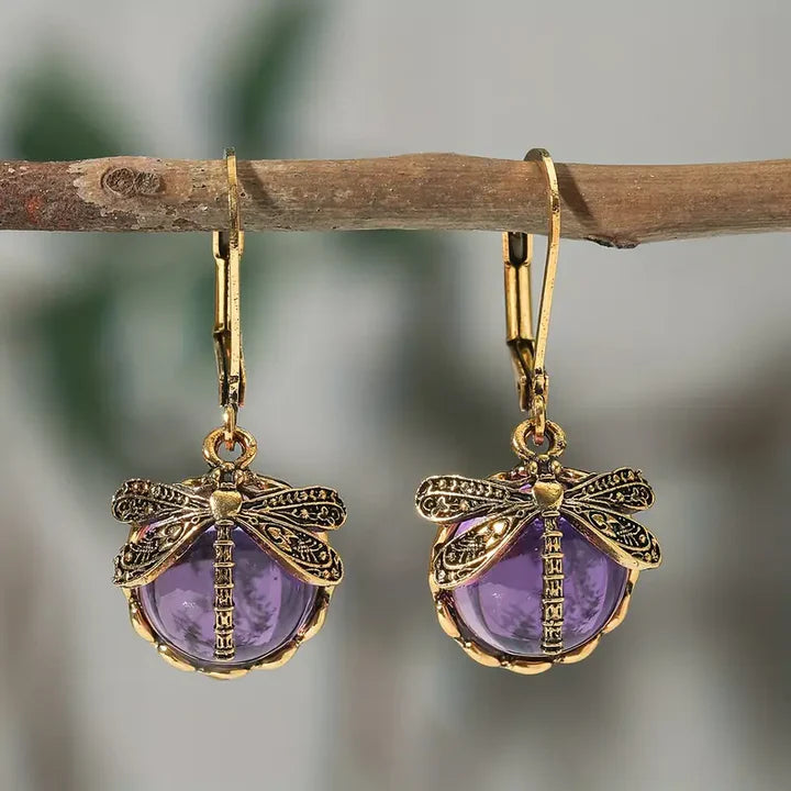 Boucles d'oreilles or libellule mauve