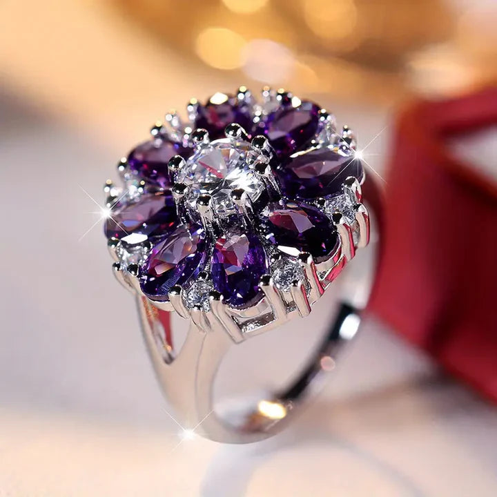 Bague vintage en argent avec marguerite violette