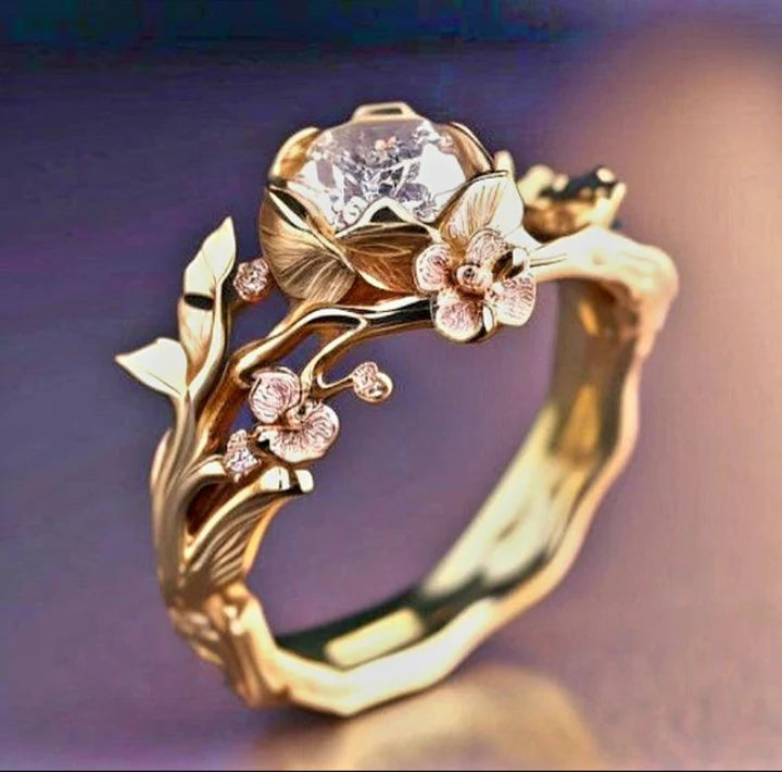 Bague fleur exotique en cristal doré