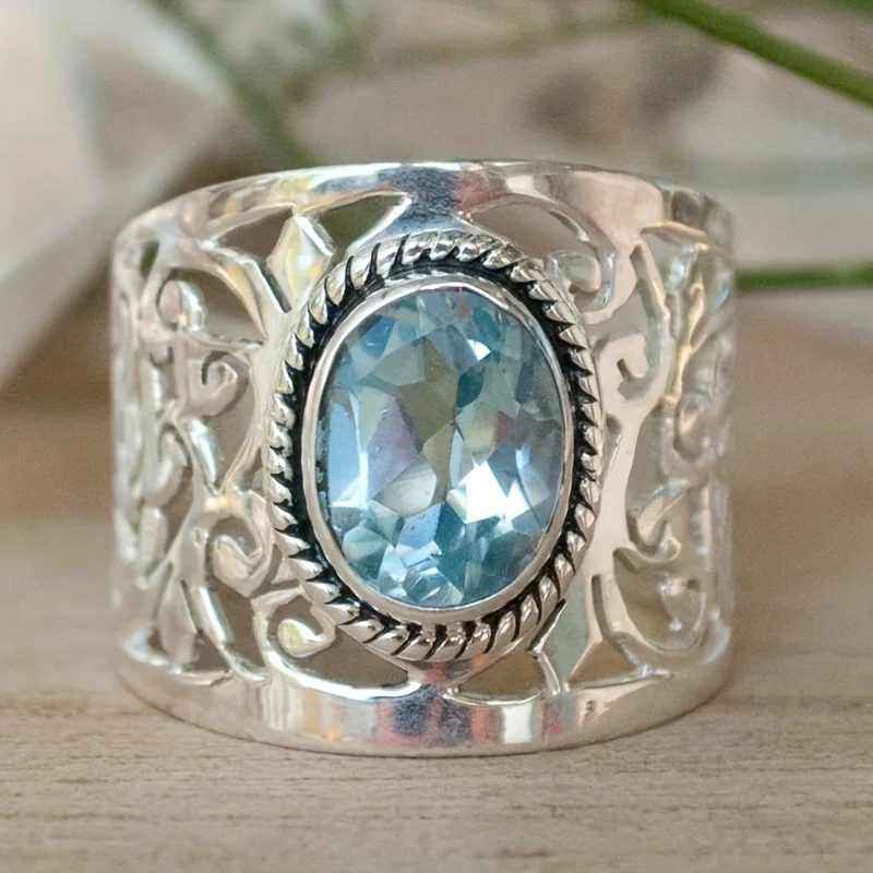 Bague en cristal bleu Vintage Argent