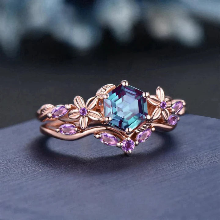 Bague fleur en cristal rose et bleu