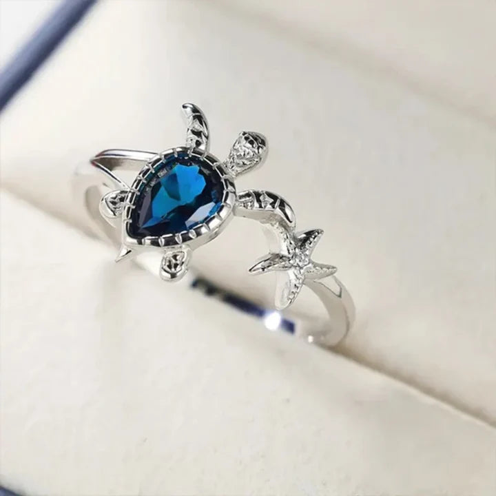 Bague en argent en cristal bleu tortue
