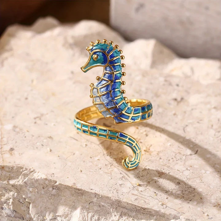 Bague réglable en or hippocampe bleu