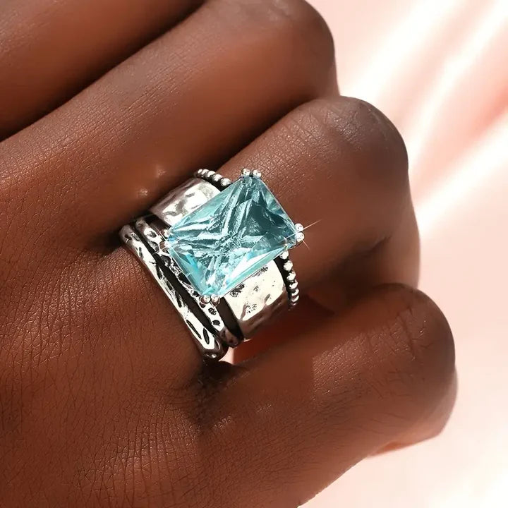 Bague en verre d'océan argenté