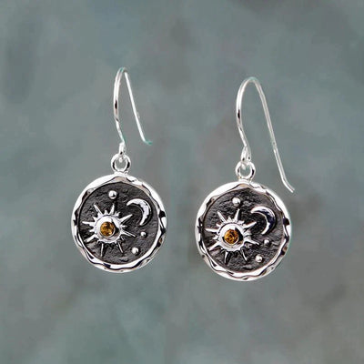 Boucles d'oreilles avec soleil et lune en or et argent