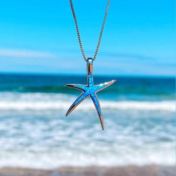 Collier Étoile de Mer Opale Bleue et Argent