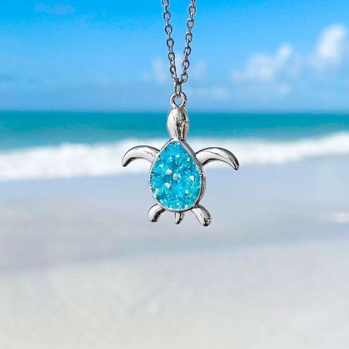 Collier Tortue de Mer en Opale Bleue et Argent