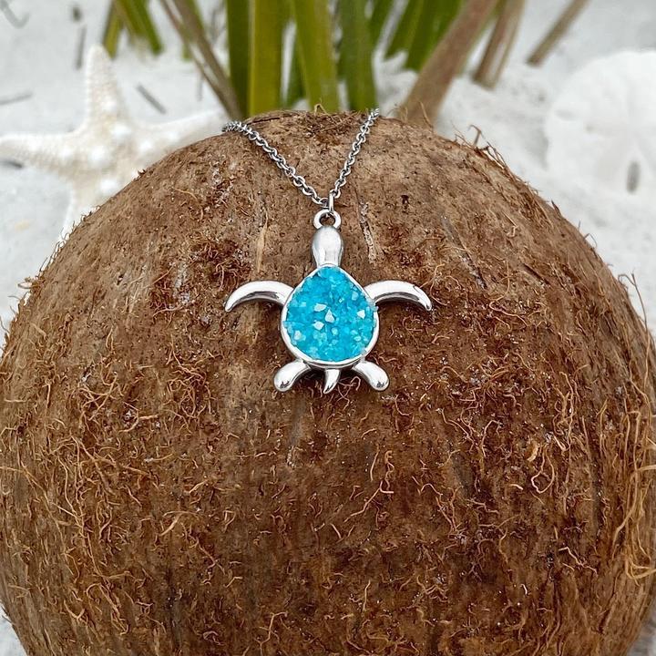 Collier Tortue de Mer en Opale Bleue et Argent