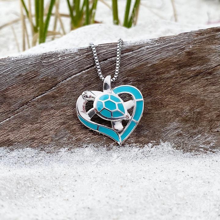 Collier Coeur Tortue Opale Bleue et Argent