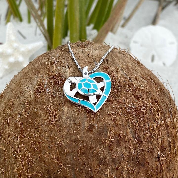 Collier Coeur Tortue Opale Bleue et Argent