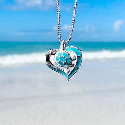 Collier Coeur Tortue Opale Bleue et Argent