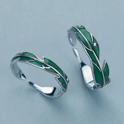 Bague Réglable en Argent avec Feuilles Vertes Irrégulières