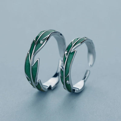 Bague Réglable en Argent avec Feuilles Vertes Irrégulières