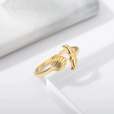 Bague Réglable Queue de Sirène avec Coquille en Or