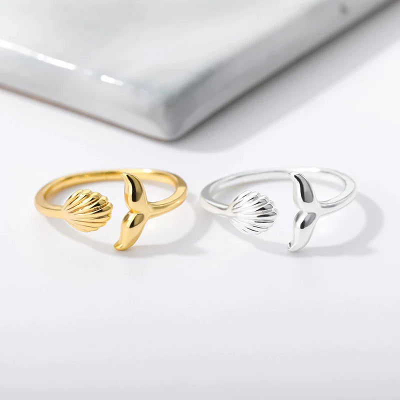 Bague Réglable Queue de Sirène avec Coquille en Or