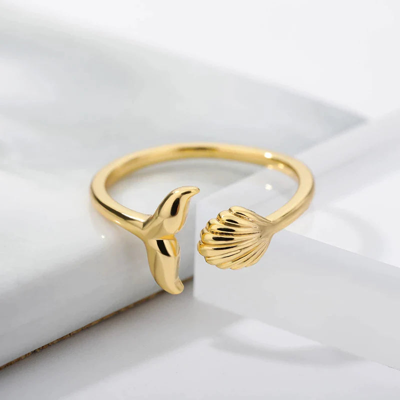 Bague Réglable Queue de Sirène avec Coquille en Or