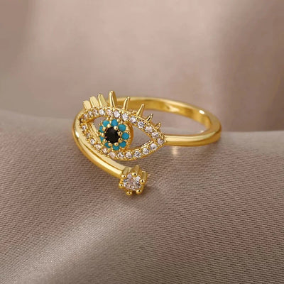 Bague Ajustable Oeil de Cristal avec Zircon en Or