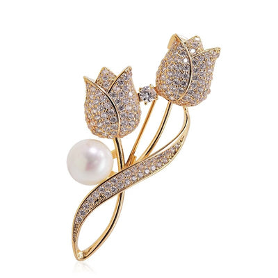 Broche Tulipe avec Zircon et Perle en Or