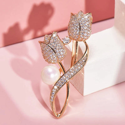 Broche Tulipe avec Zircon et Perle en Or