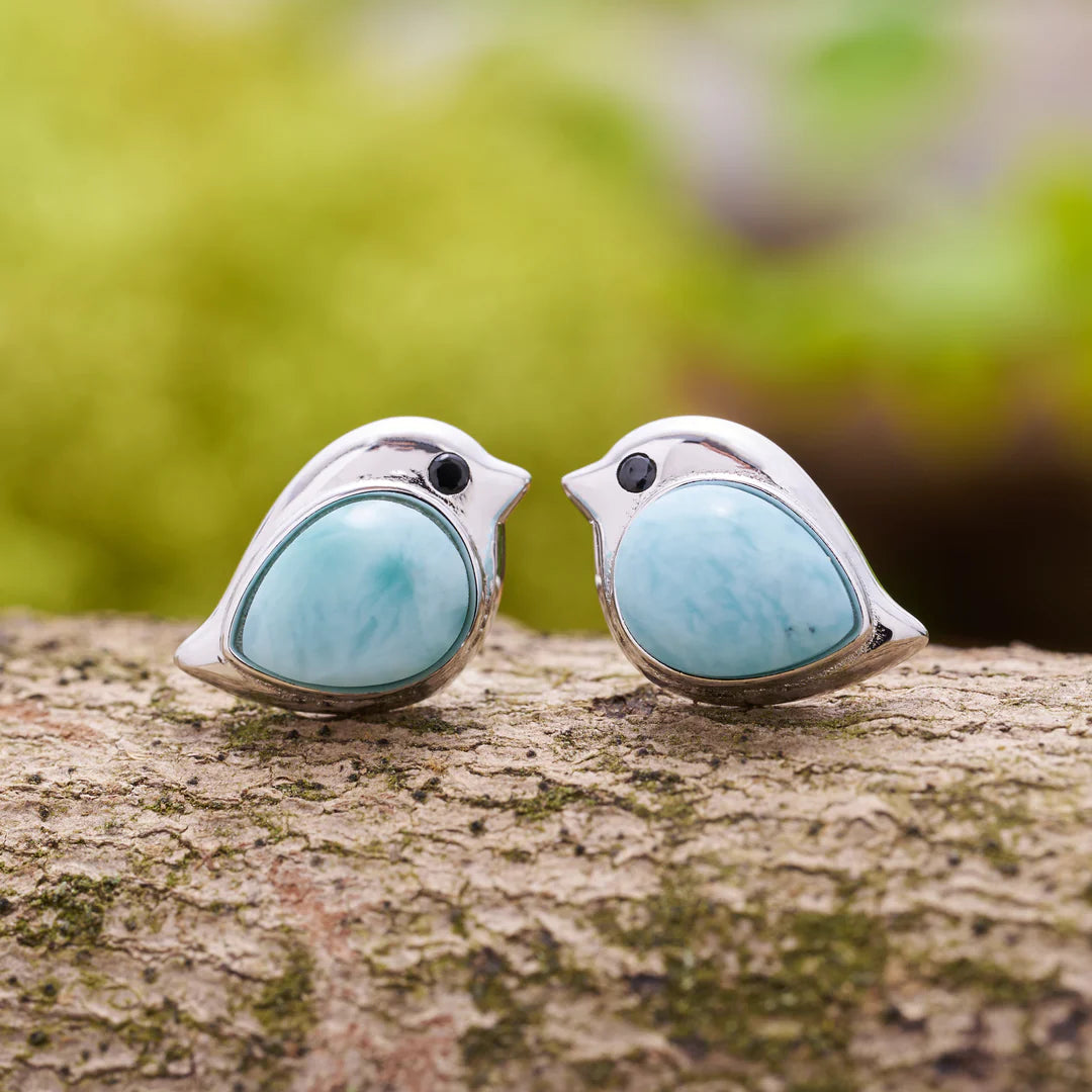 Boucles d'Oreilles Petits Oiseaux avec Opale Bleue en Argent