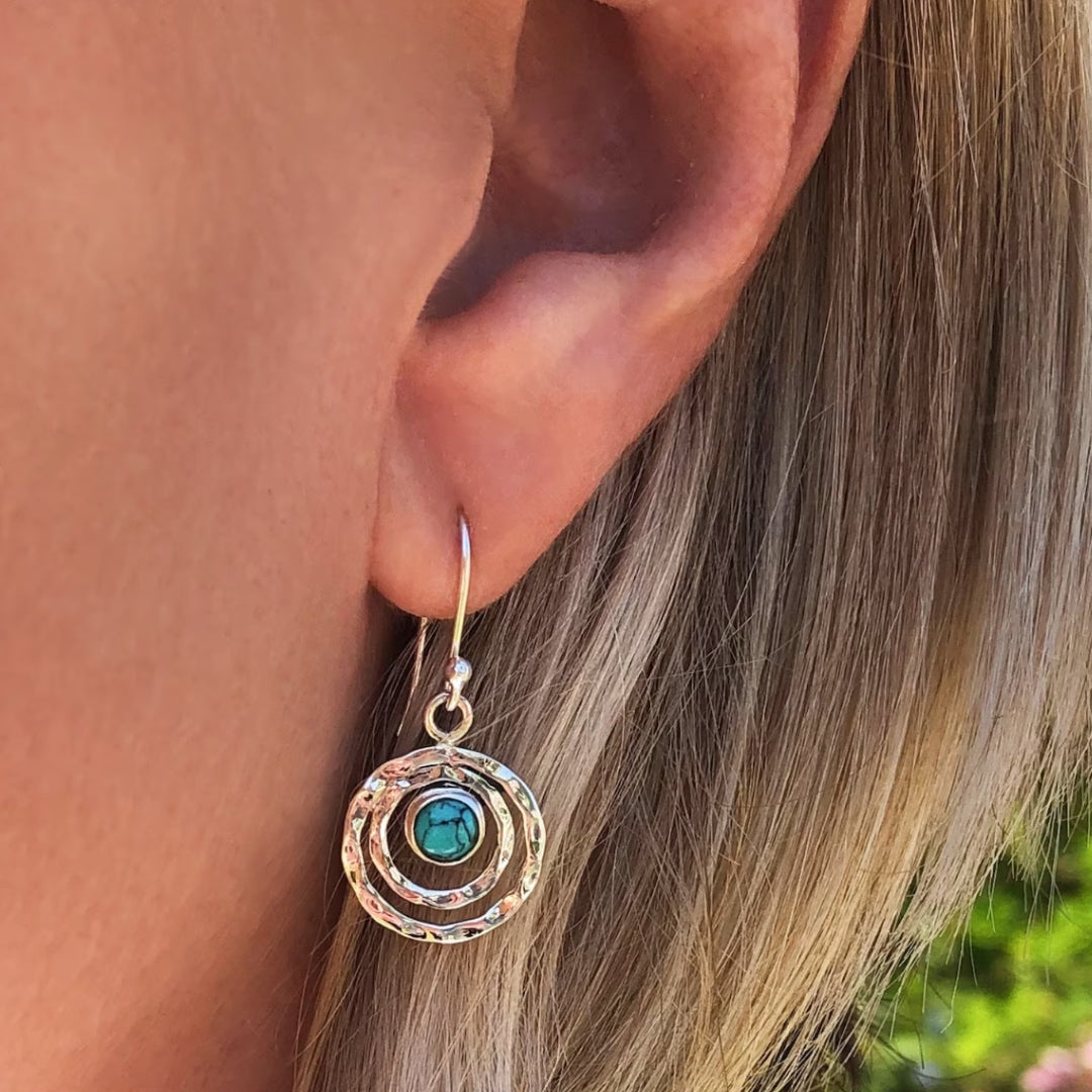 Boucles d'oreilles Boho Saturn avec pierre Turquoise en Argent et Or