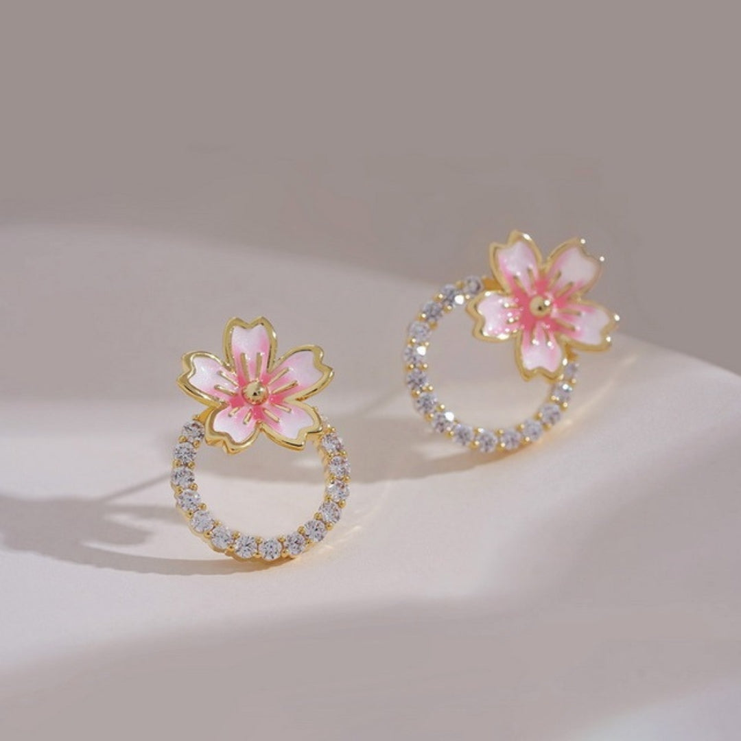 Boucles d'Oreilles Fleurs avec Zirconia en Or