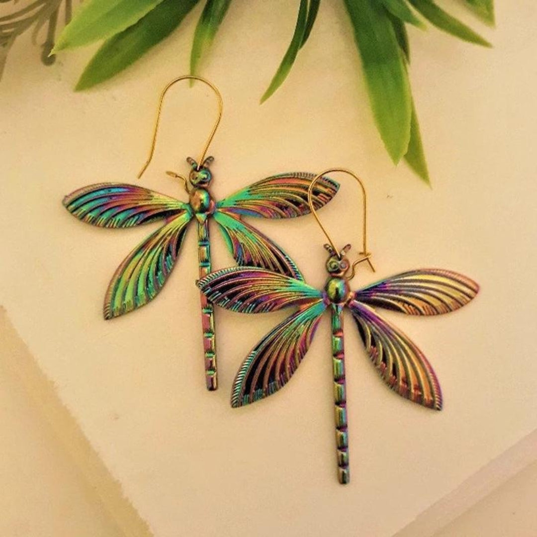 Boucles d'Oreilles Libellule Chromatique Multicolore en Or