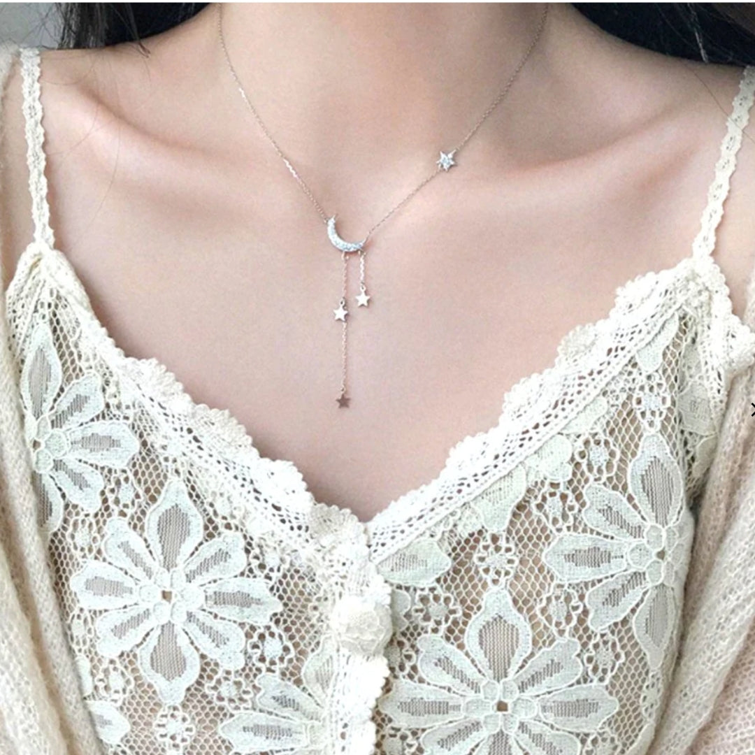 Collier Lune et Étoiles avec Zircons en Argent