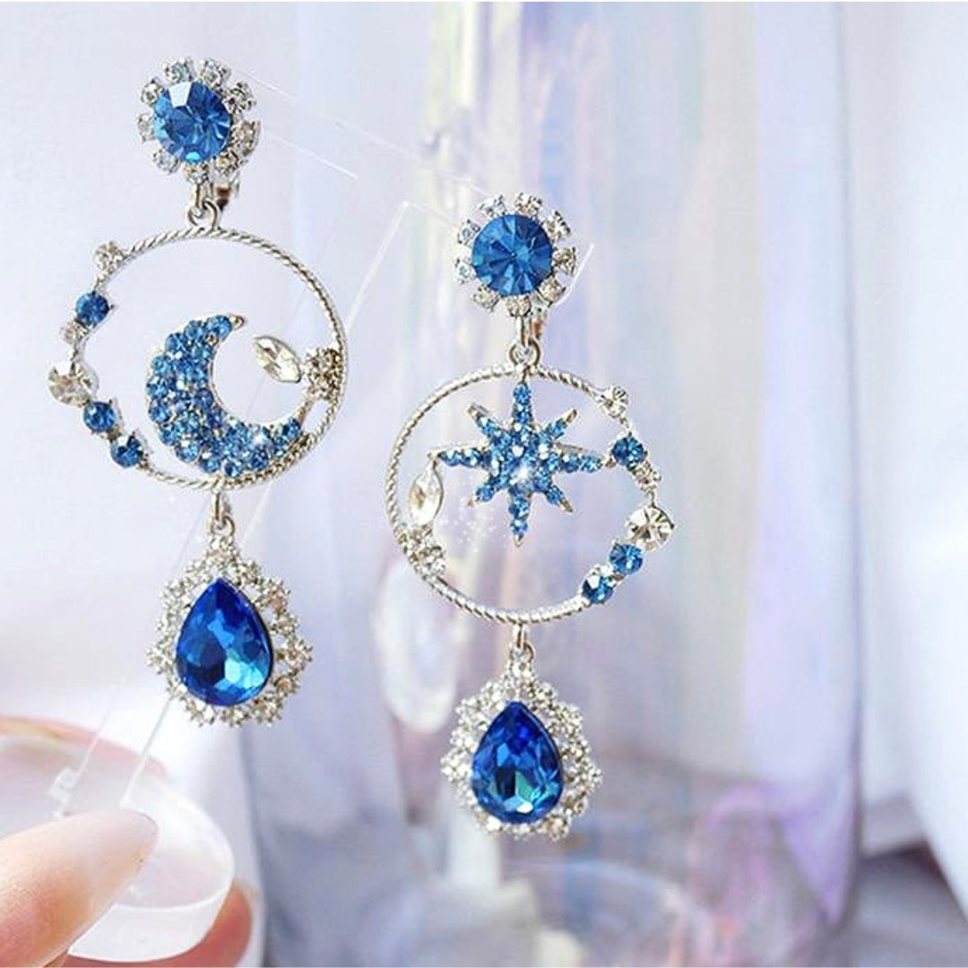 Boucles d'oreilles Lune et Étoile avec Zircon Bleu en Argent