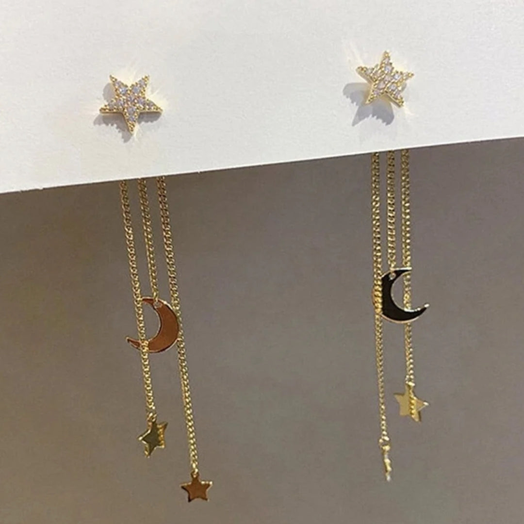 Boucles d'oreilles Pendantes avec Étoiles et Lunes en Or