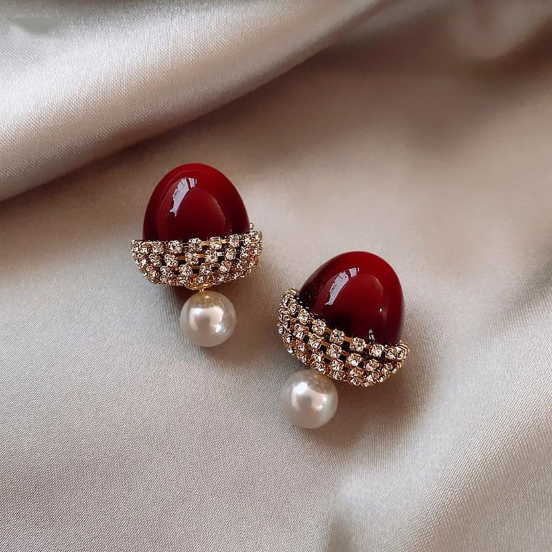 Boucles d'oreilles Noisette Rouge avec Perles et Zirconium en Pr