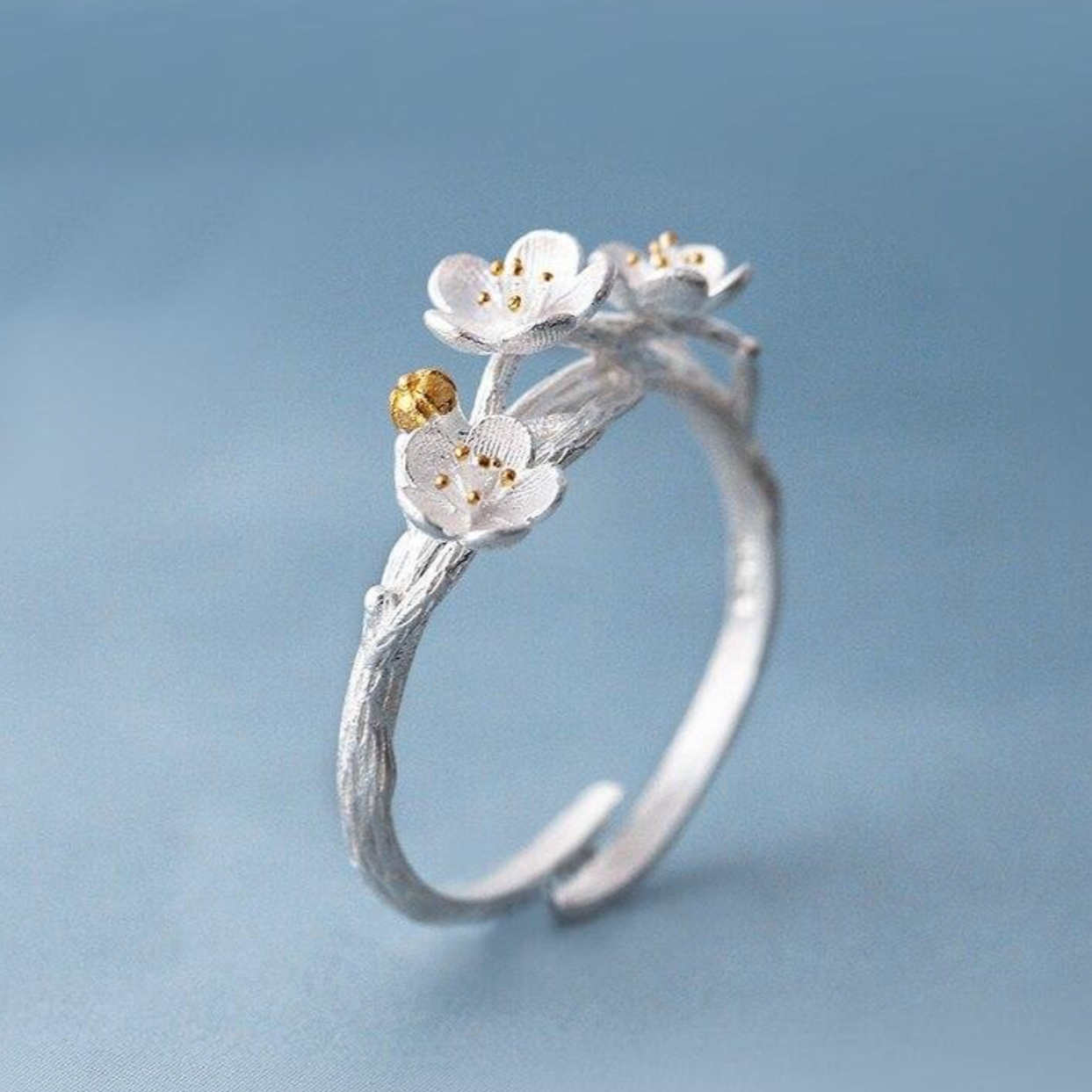 Bague Réglable avec Fleurs Blanches en Argent 925