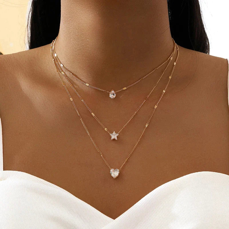 Collier à Triple Pendentifs avec Zircons en Or