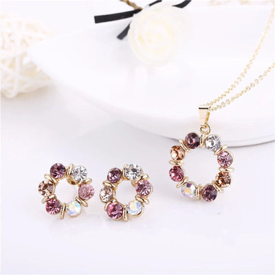 Collier + Boucles d'oreilles Set de Cercles avec Zircons en Or