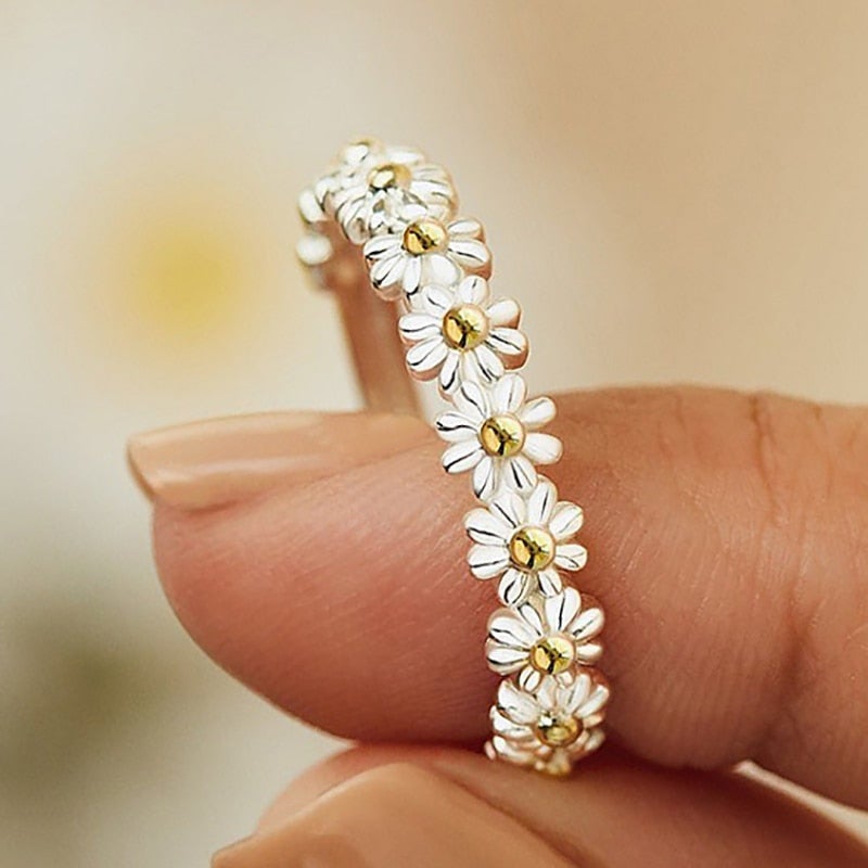 Bague Ajustable Marguerites en Argent 925 et émail peint à la main