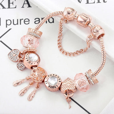 Bracelet Attrape-rêves Rose avec Breloques Incluses en Argent