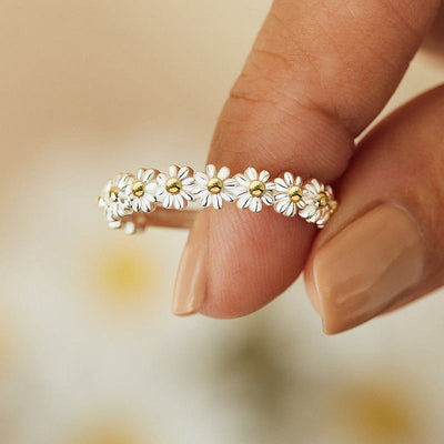 Bague Ajustable Marguerites en Argent 925 et émail peint à la main