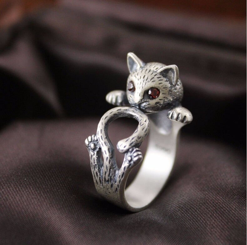 Bague Réglable en Argent Sterling 925 avec Chat Peint à la Main