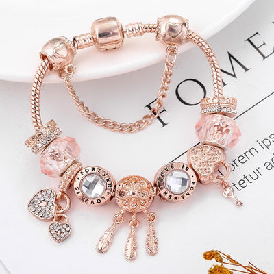 Bracelet Attrape-rêves Rose avec Breloques Incluses en Argent